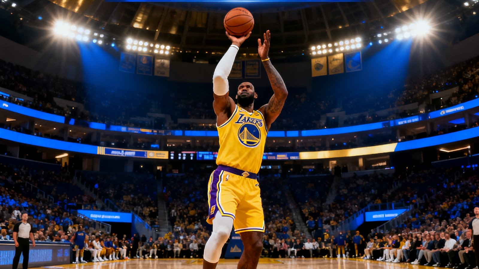 NBA常规赛湖人对阵勇士全场集锦封面，勒布朗·詹姆斯在三分线外后仰跳投命中绝平球，球馆内蓝色和金色灯光交相辉映