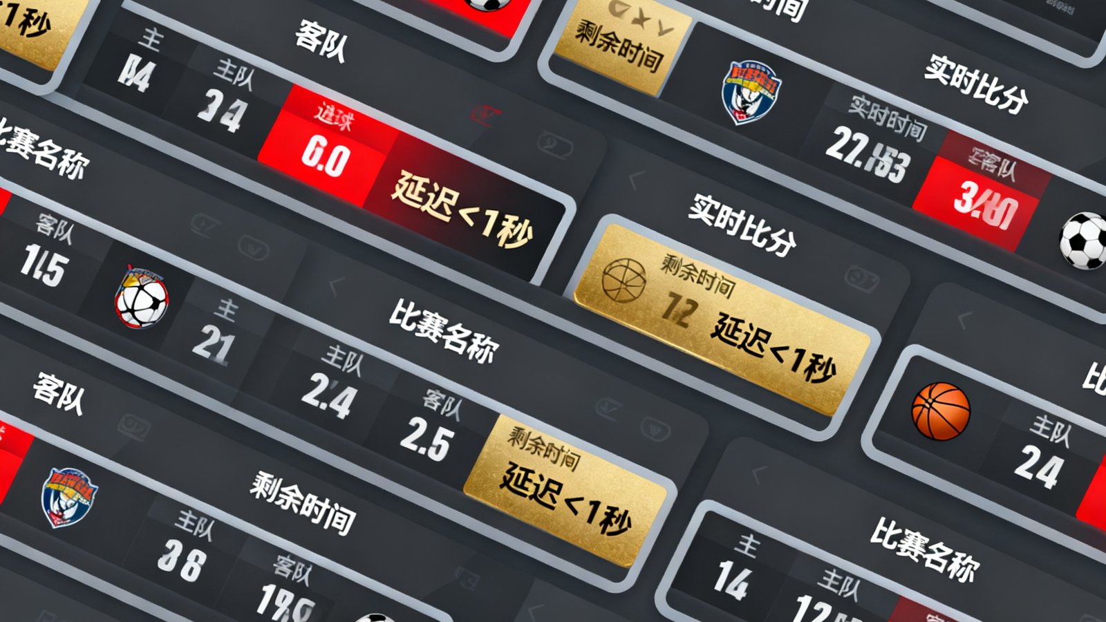 比分网实时比分数据面板截图，展示多场足球和篮球比赛同时进行中的比分卡片界面，红色和金色高亮显示进球事件，数据延迟低于1秒